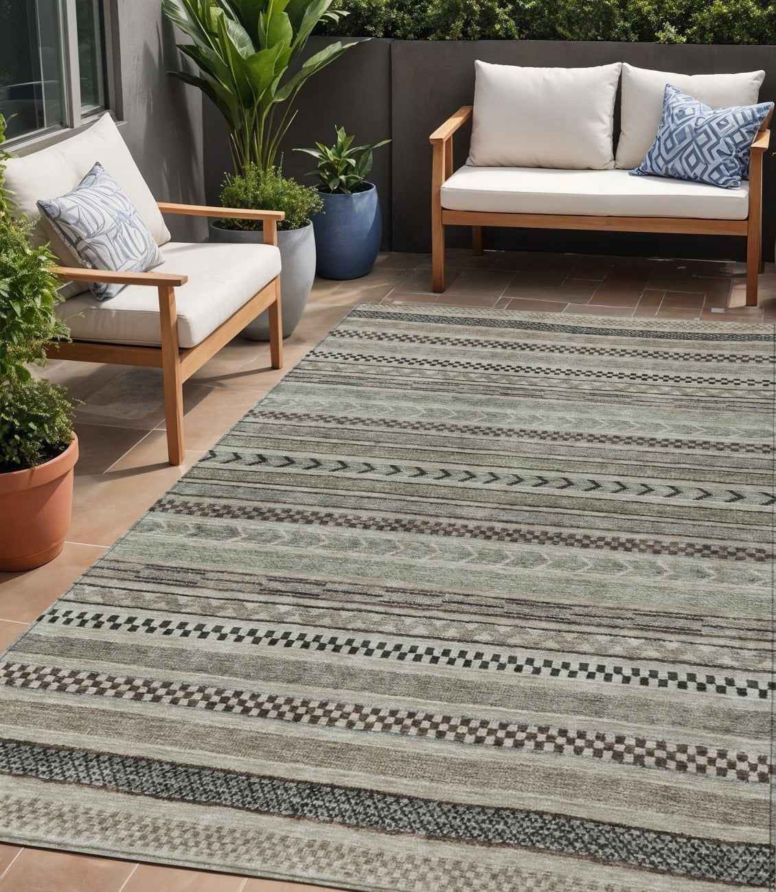 5' X 8' Taupe And Brown Striped Washable Indoor Outdoor Area Rug