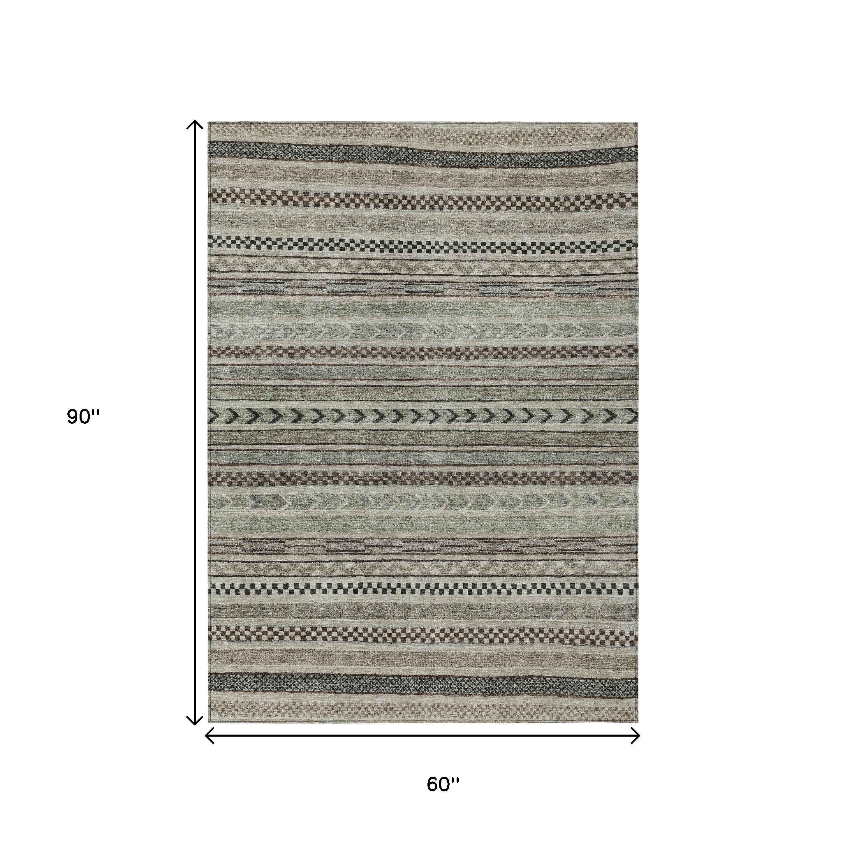 5' X 8' Taupe And Brown Striped Washable Indoor Outdoor Area Rug