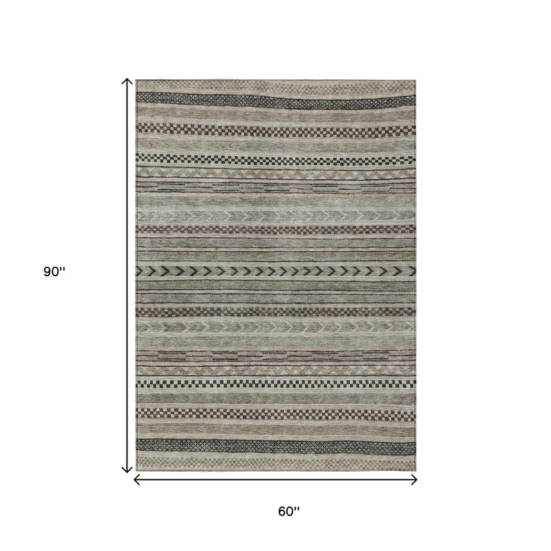 5' X 8' Taupe And Brown Striped Washable Indoor Outdoor Area Rug