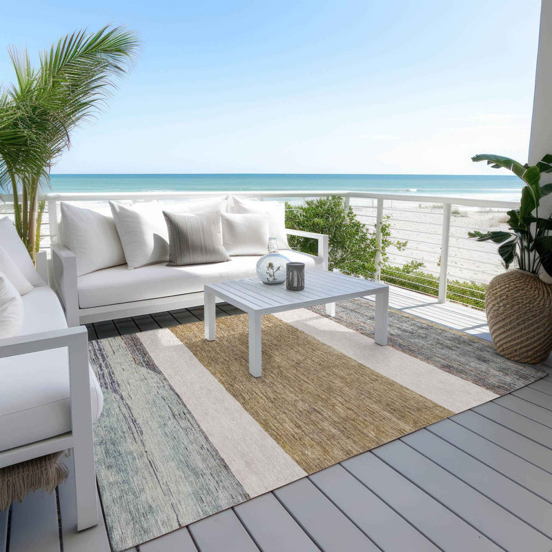 9' X 12' Brown Ivory And Blue Abstract Washable Indoor Outdoor Area Rug