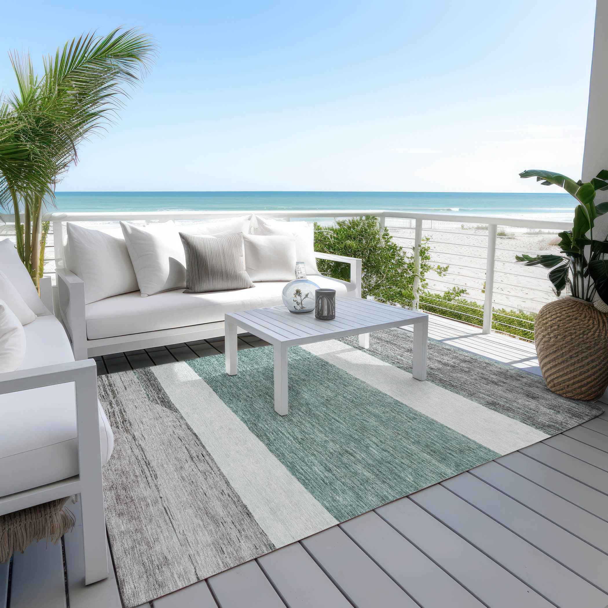 5' X 8' Teal Blue Off White And Gray Abstract Washable Indoor Outdoor Area Rug