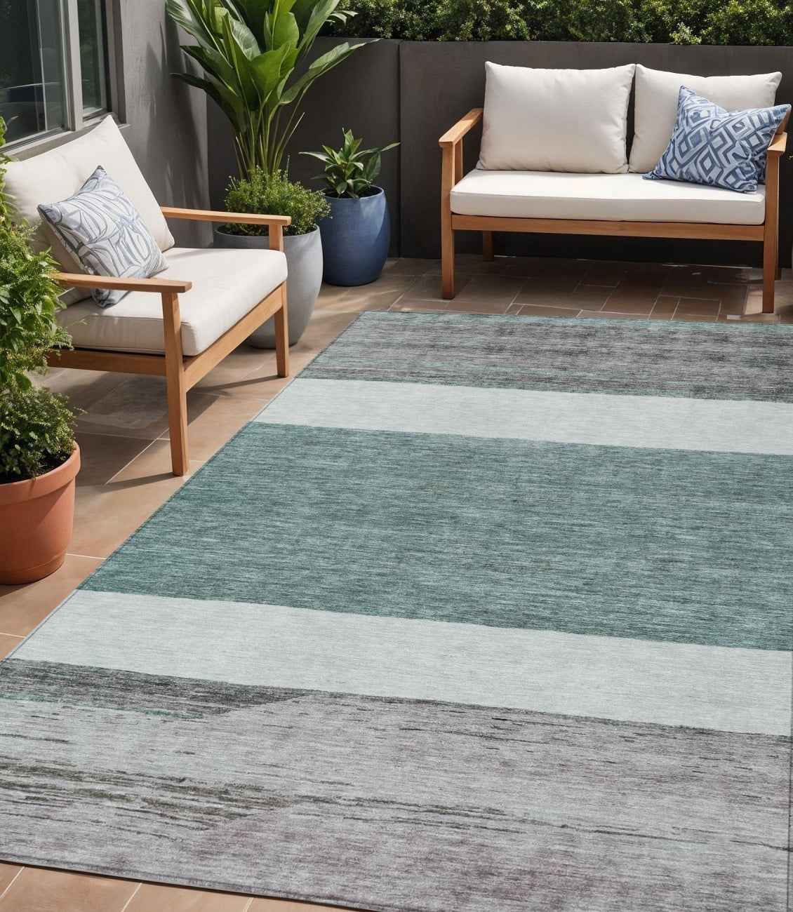 5' X 8' Teal Blue Off White And Gray Abstract Washable Indoor Outdoor Area Rug