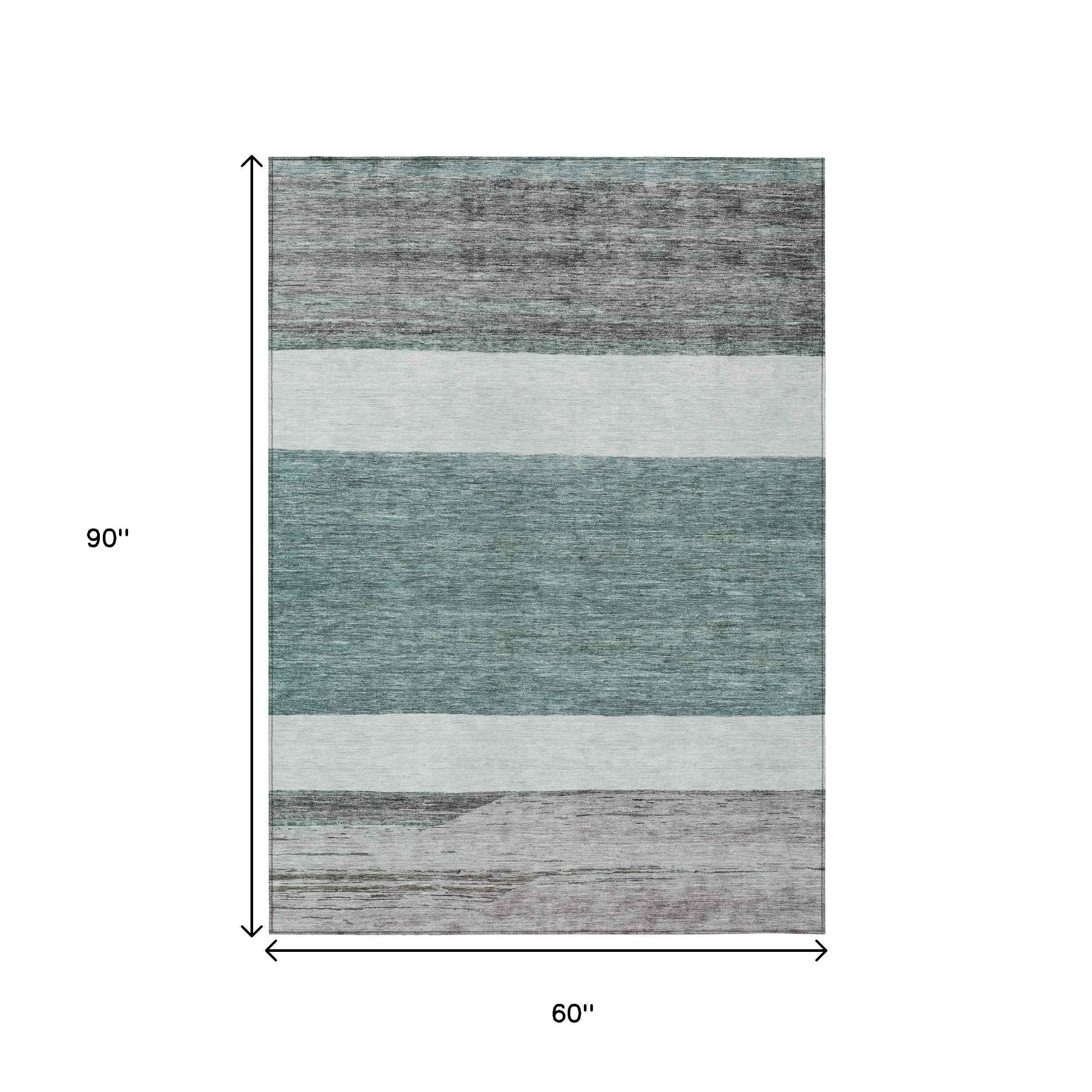 5' X 8' Teal Blue Off White And Gray Abstract Washable Indoor Outdoor Area Rug