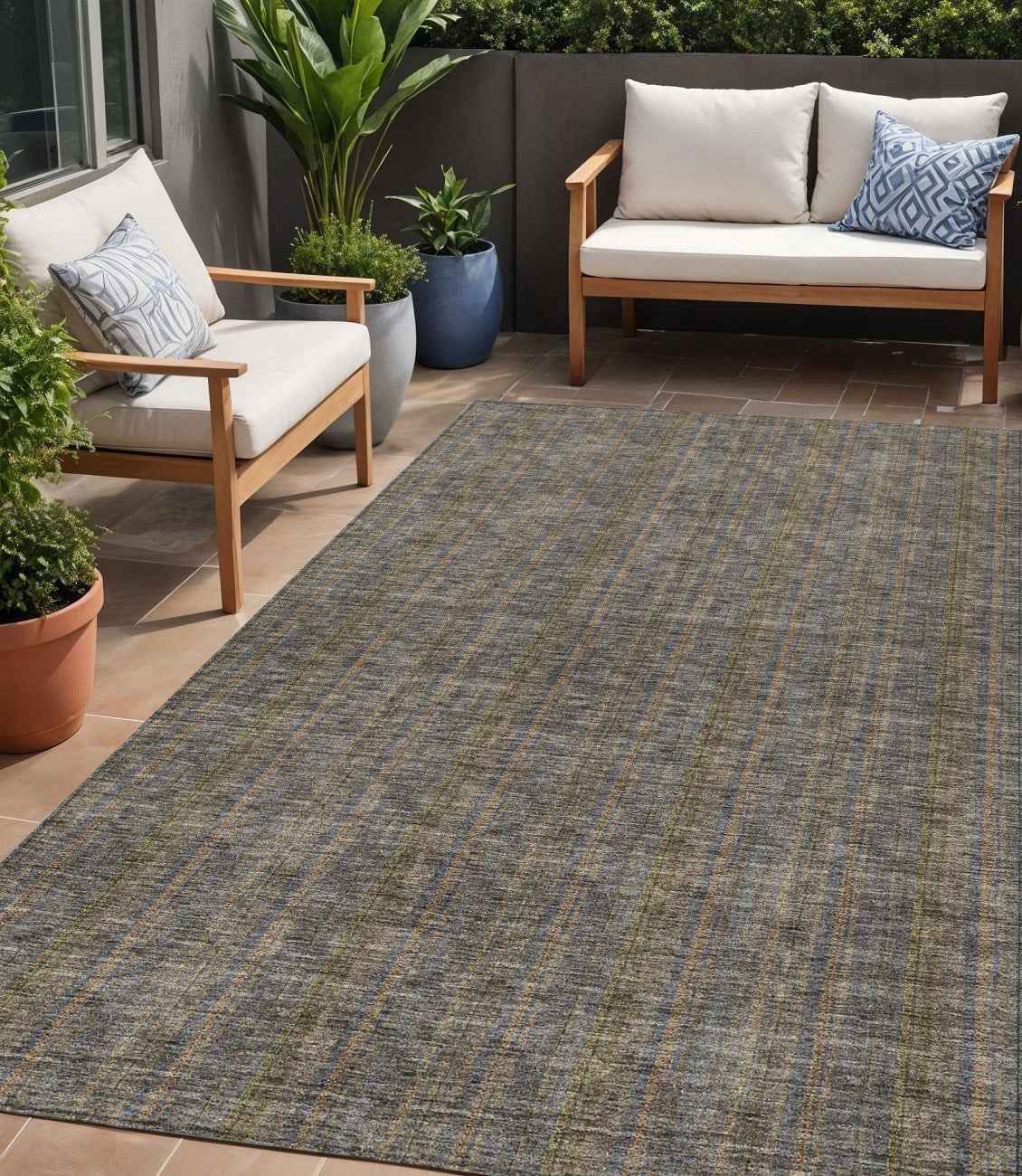 5' X 8' Taupe Denim Blue And Olive Green Striped Washable Indoor Outdoor Area Rug