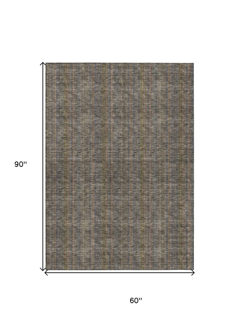 5' X 8' Taupe Denim Blue And Olive Green Striped Washable Indoor Outdoor Area Rug