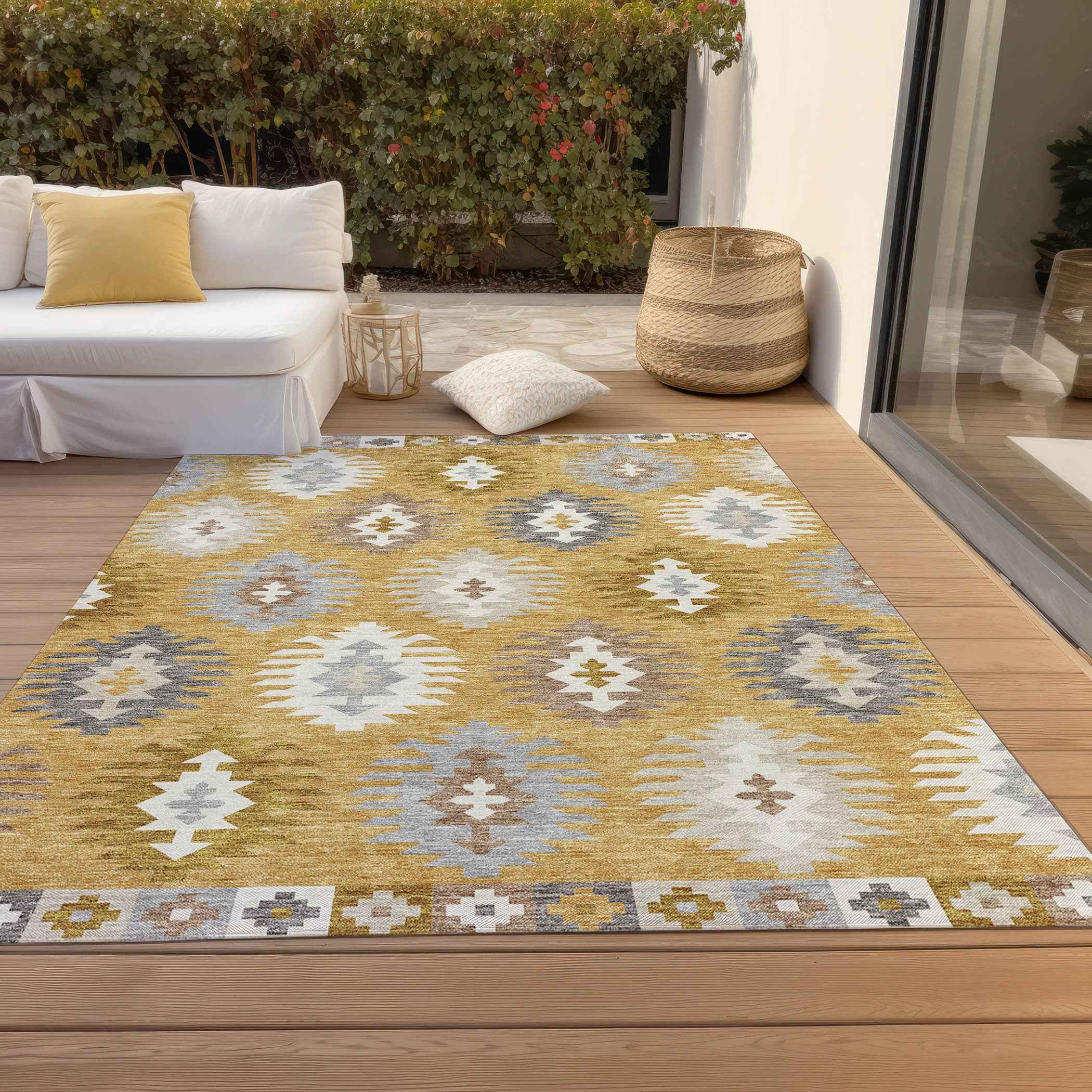 3' X 5' Gold Ivory And Taupe Southwestern Washable Indoor Outdoor Area Rug