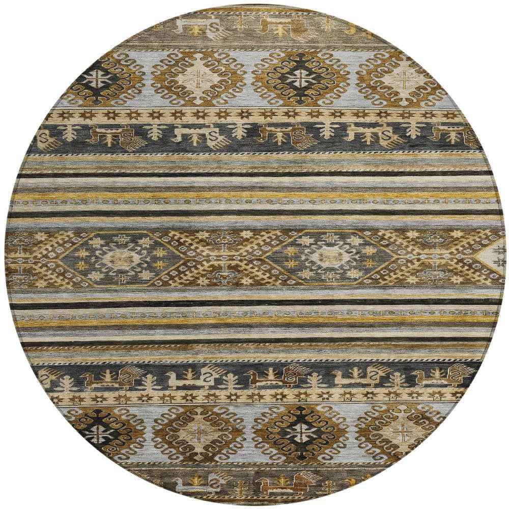 8' Chocolate Taupe And Gold Round Tribal Washable Indoor Outdoor Area Rug