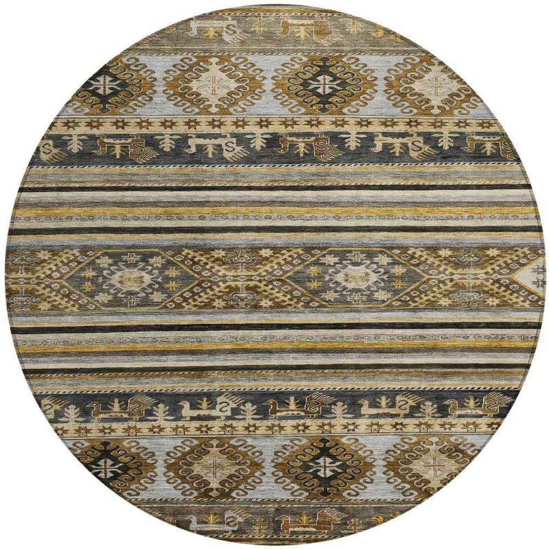 8' Chocolate Taupe And Gold Round Tribal Washable Indoor Outdoor Area Rug