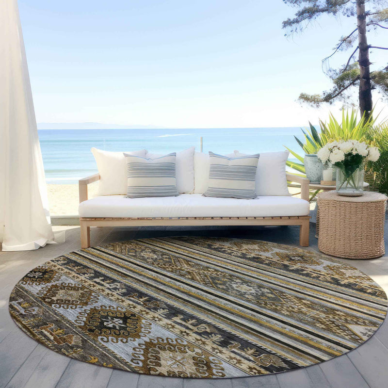 8' Chocolate Taupe And Gold Round Tribal Washable Indoor Outdoor Area Rug