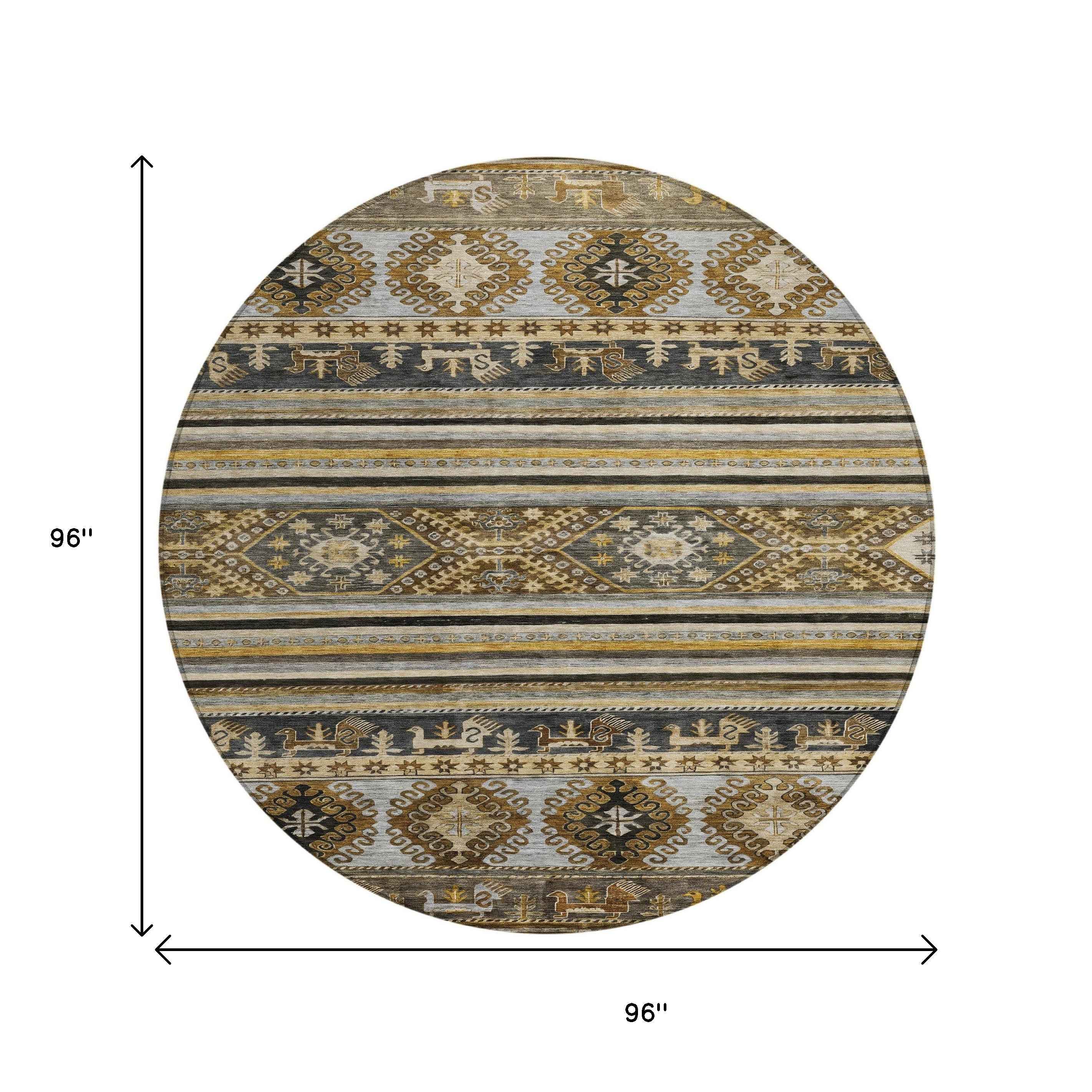 8' Chocolate Taupe And Gold Round Tribal Washable Indoor Outdoor Area Rug