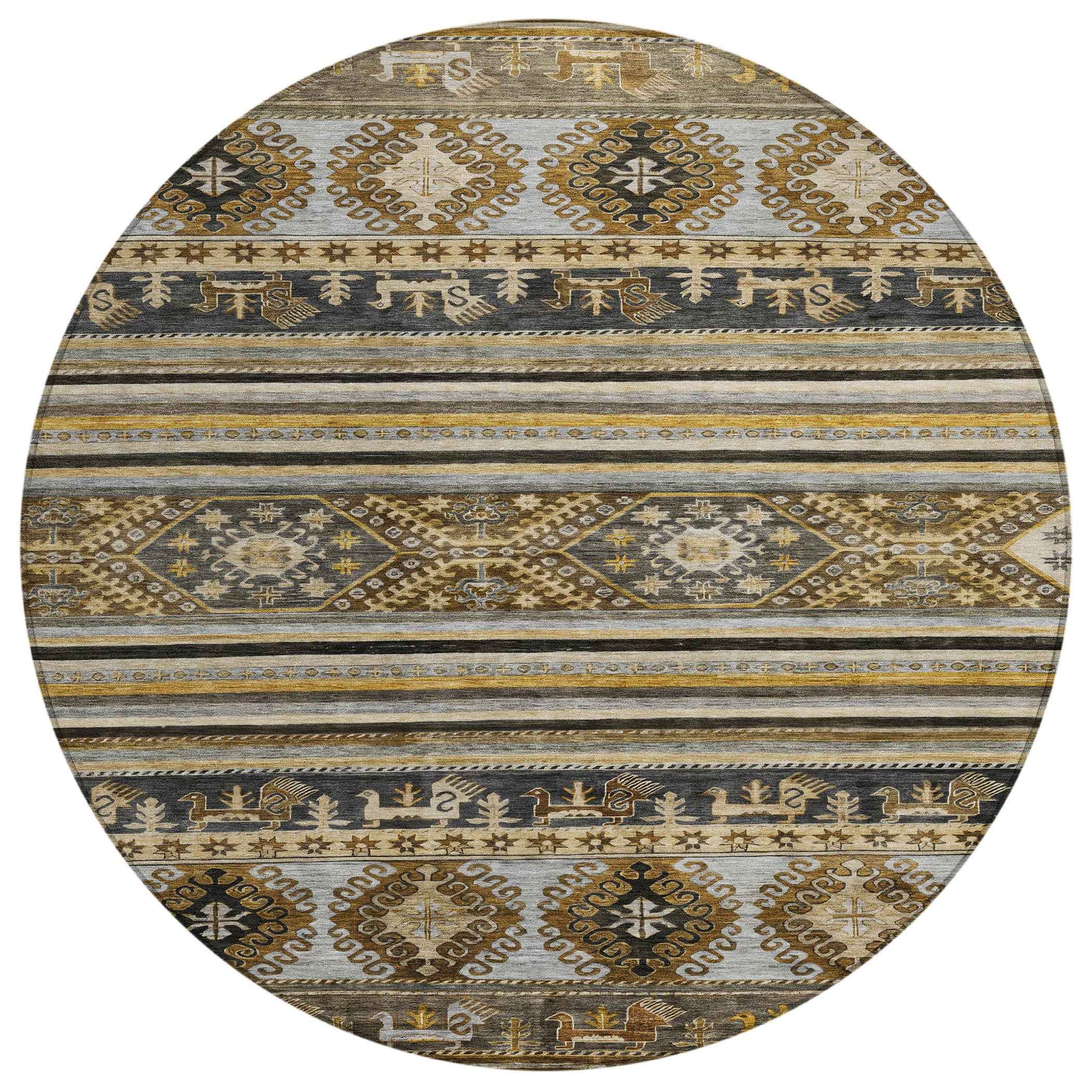 8' Chocolate Taupe And Gold Round Tribal Washable Indoor Outdoor Area Rug