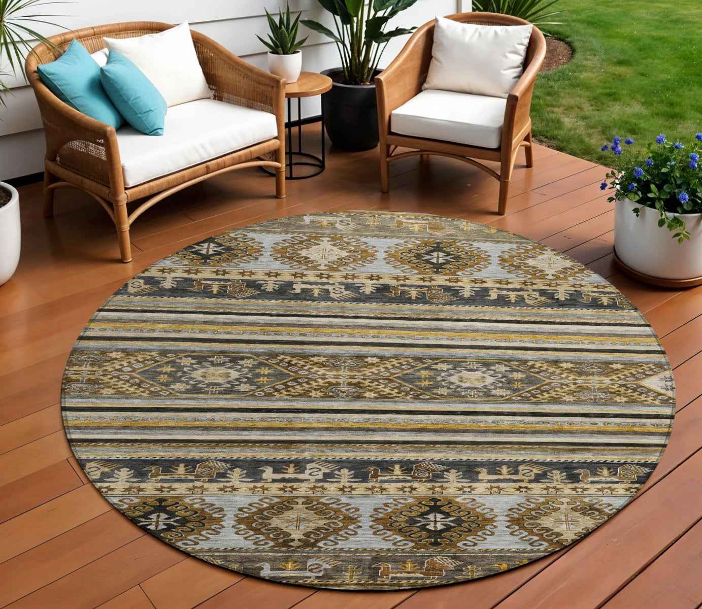8' Chocolate Taupe And Gold Round Tribal Washable Indoor Outdoor Area Rug
