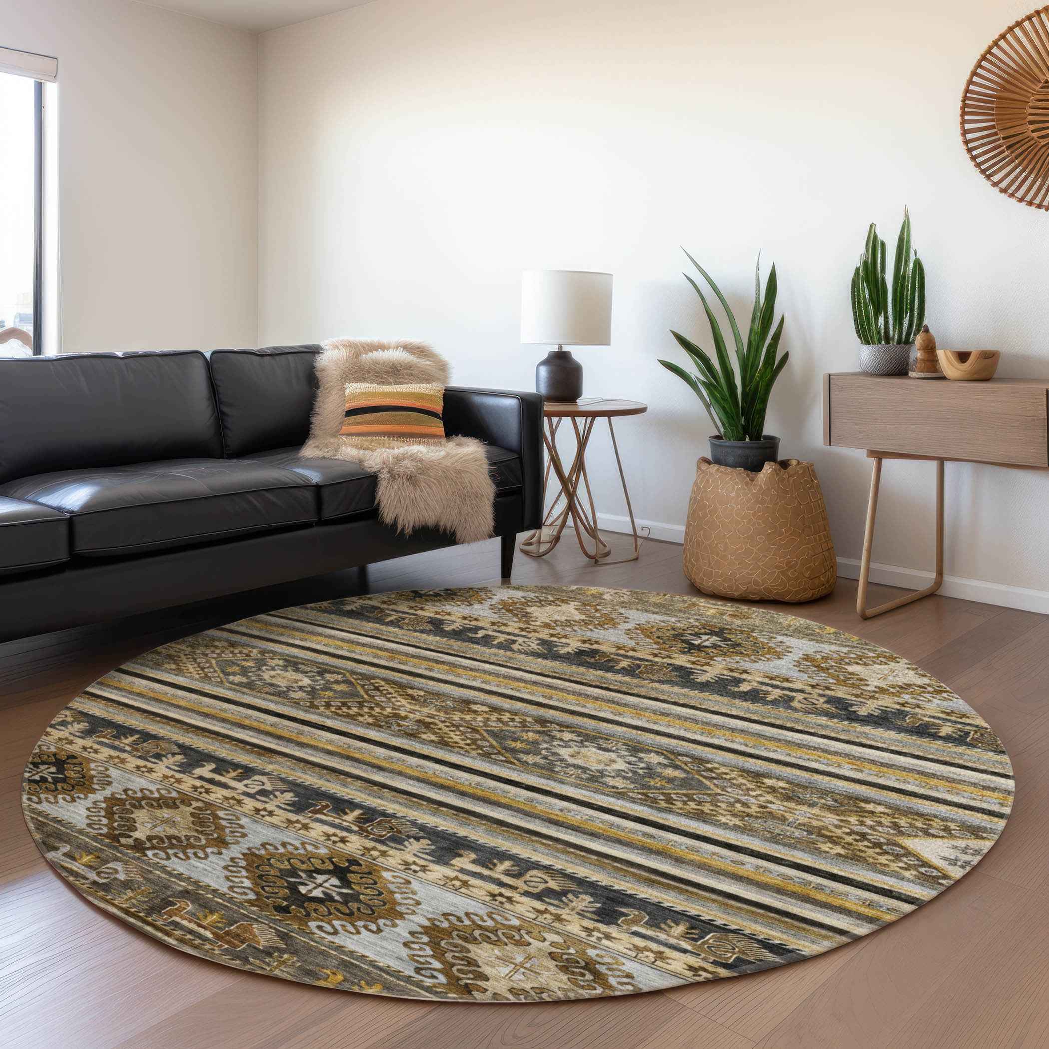 8' Chocolate Taupe And Gold Round Tribal Washable Indoor Outdoor Area Rug