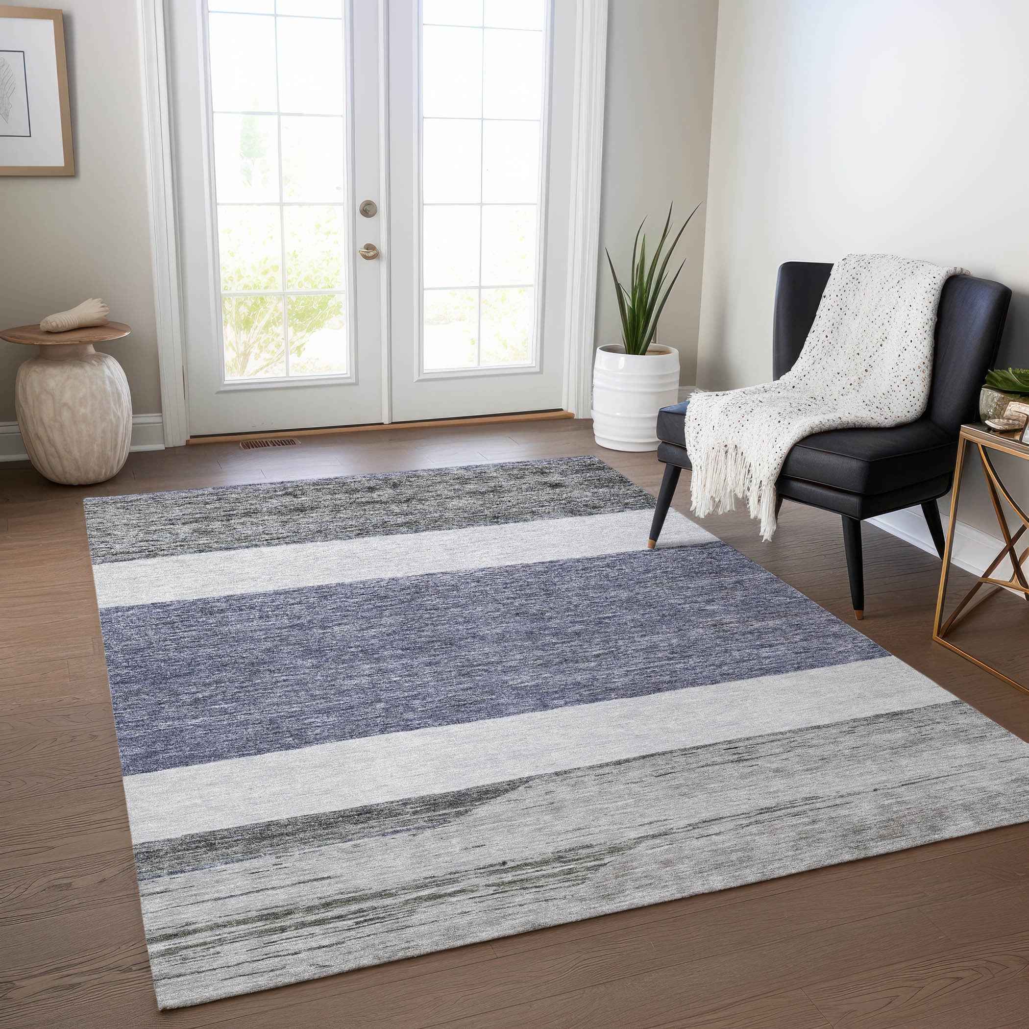 9' X 12' Denim Blue Ivory And Gray Abstract Washable Indoor Outdoor Area Rug