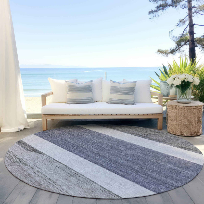 8' Denim Blue Ivory And Gray Round Abstract Washable Indoor Outdoor Area Rug