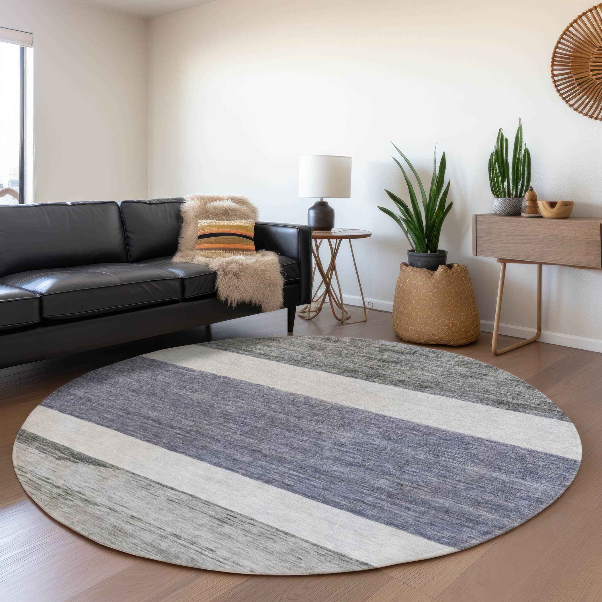 8' Denim Blue Ivory And Gray Round Abstract Washable Indoor Outdoor Area Rug