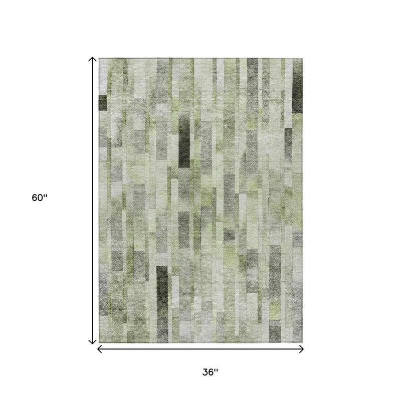 3' X 5' Green And Gray Striped Washable Indoor Outdoor Area Rug