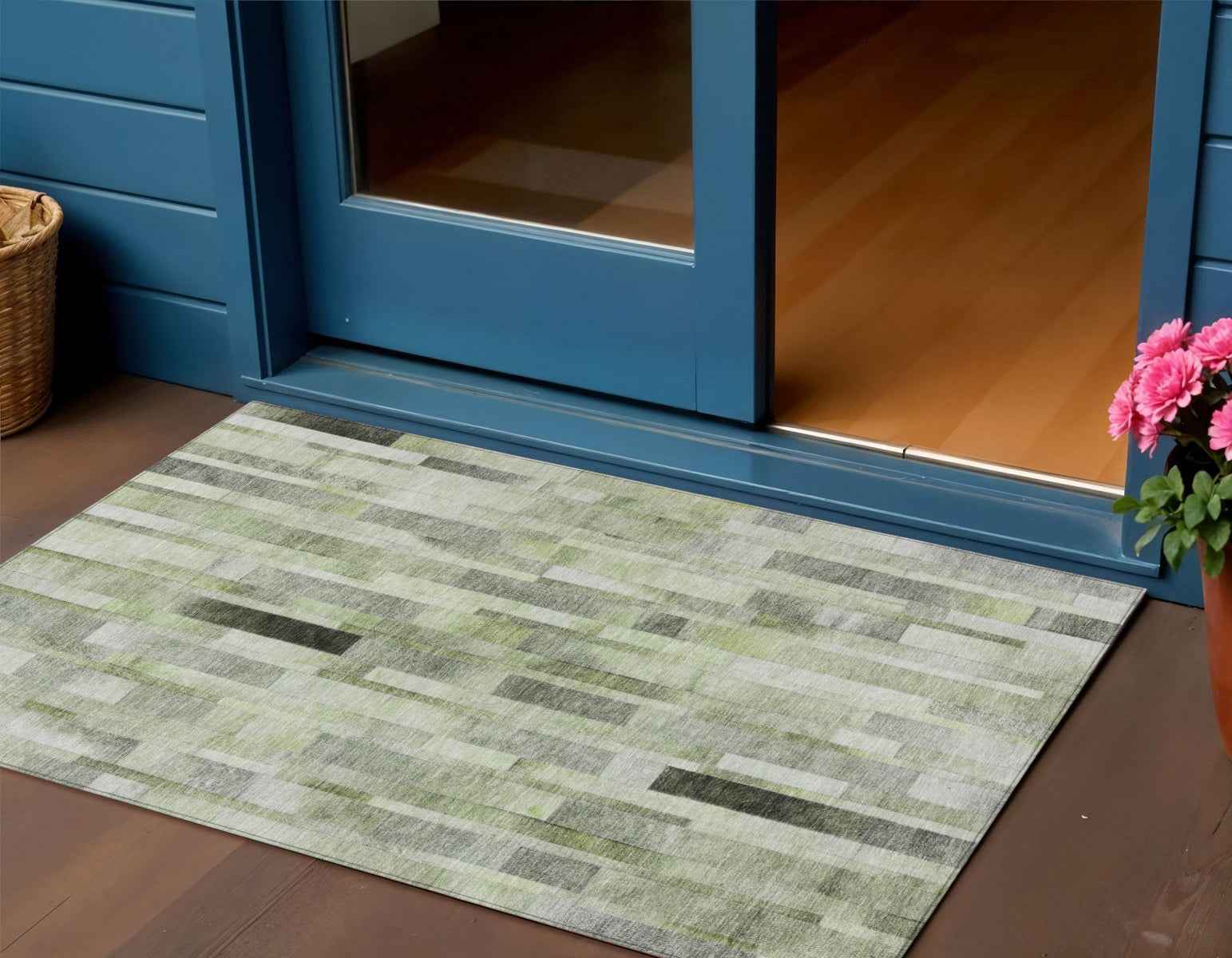 3' X 5' Green And Gray Striped Washable Indoor Outdoor Area Rug