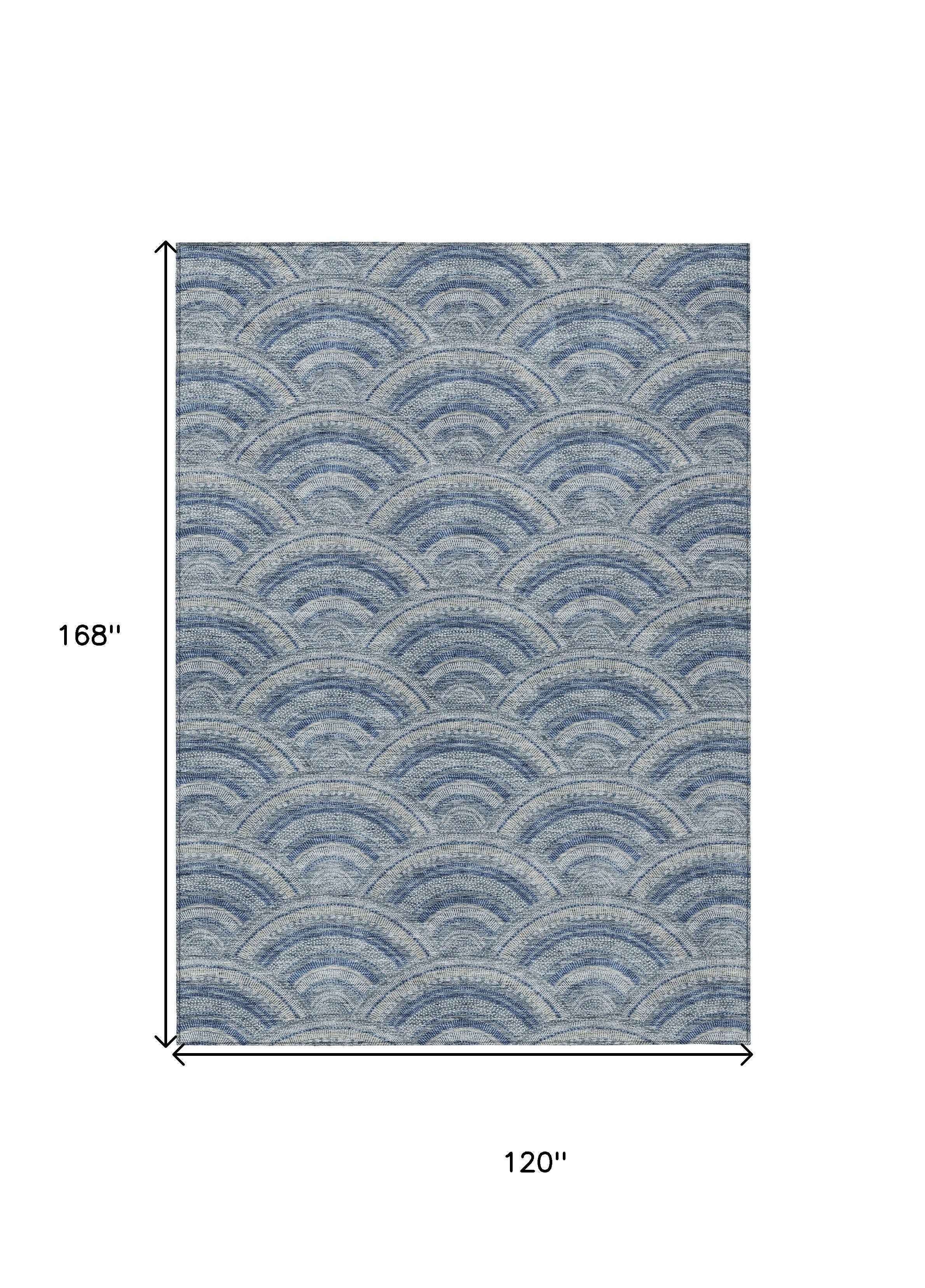 10' X 14' Denim Blue Navy Blue And Ivory Geometric Washable Indoor Outdoor Area Rug