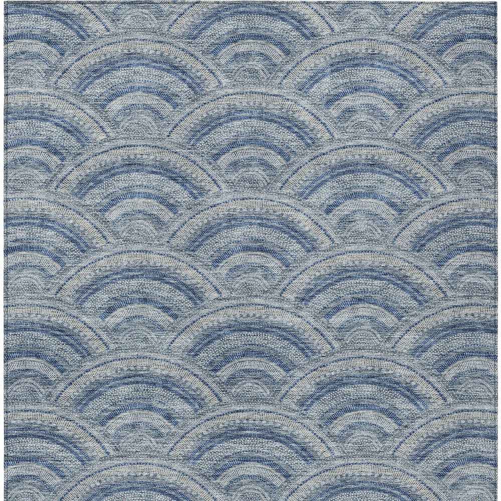 10' X 14' Denim Blue Navy Blue And Ivory Geometric Washable Indoor Outdoor Area Rug