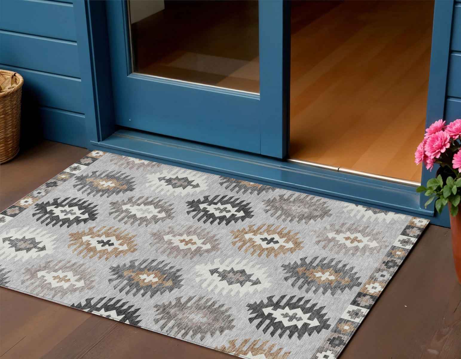 3' X 5' Silver Beige And Charcoal Southwestern Washable Indoor Outdoor Area Rug