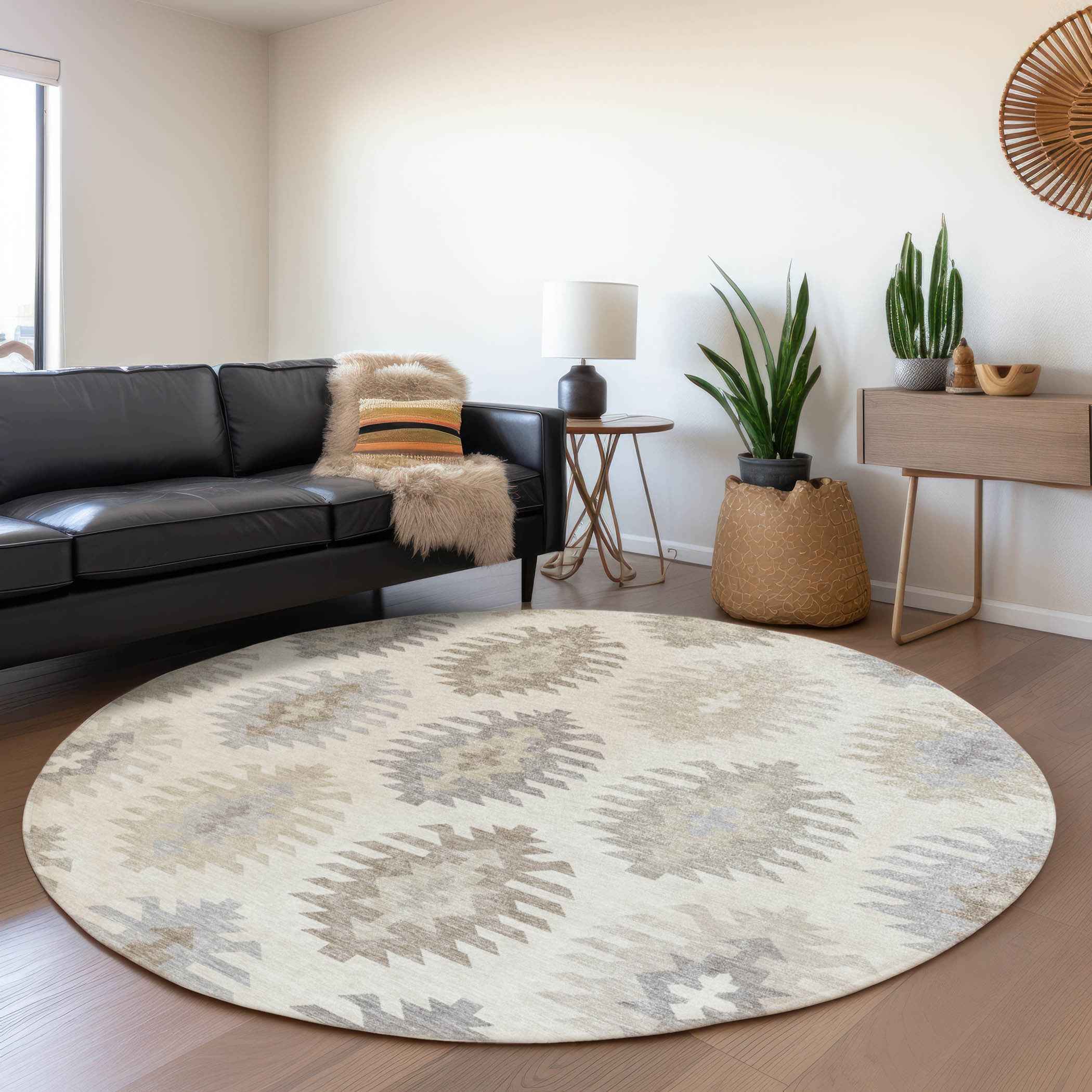 8' Ivory Khaki And Gray Round Southwestern Washable Indoor Outdoor Area Rug