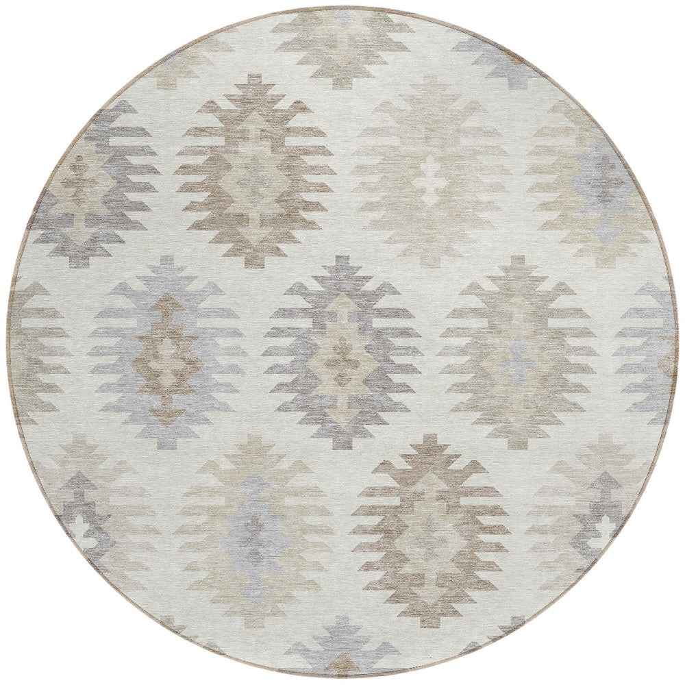 8' Ivory Khaki And Gray Round Southwestern Washable Indoor Outdoor Area Rug