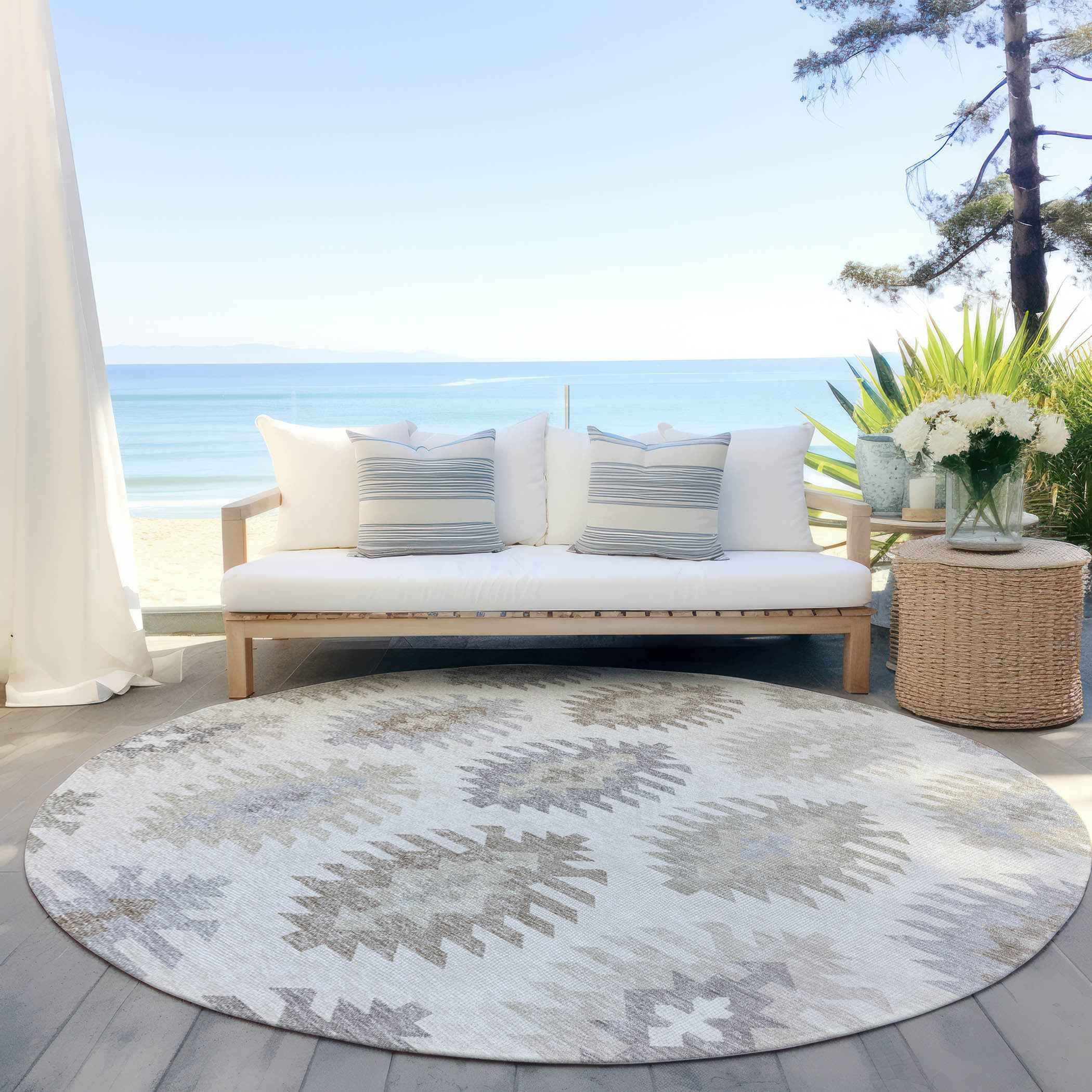 8' Ivory Khaki And Gray Round Southwestern Washable Indoor Outdoor Area Rug