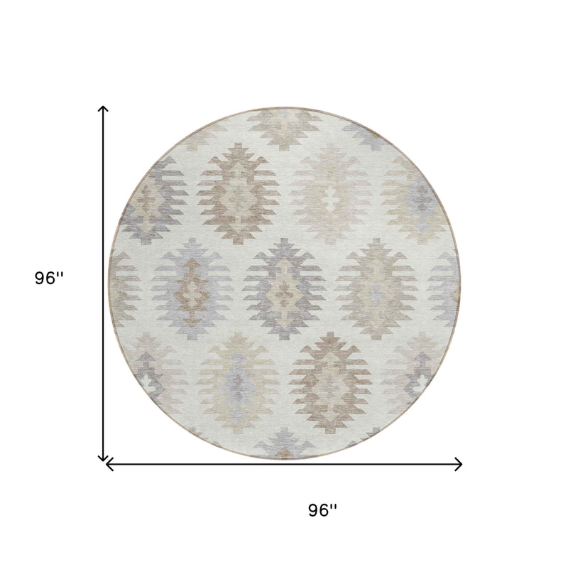 8' Ivory Khaki And Gray Round Southwestern Washable Indoor Outdoor Area Rug