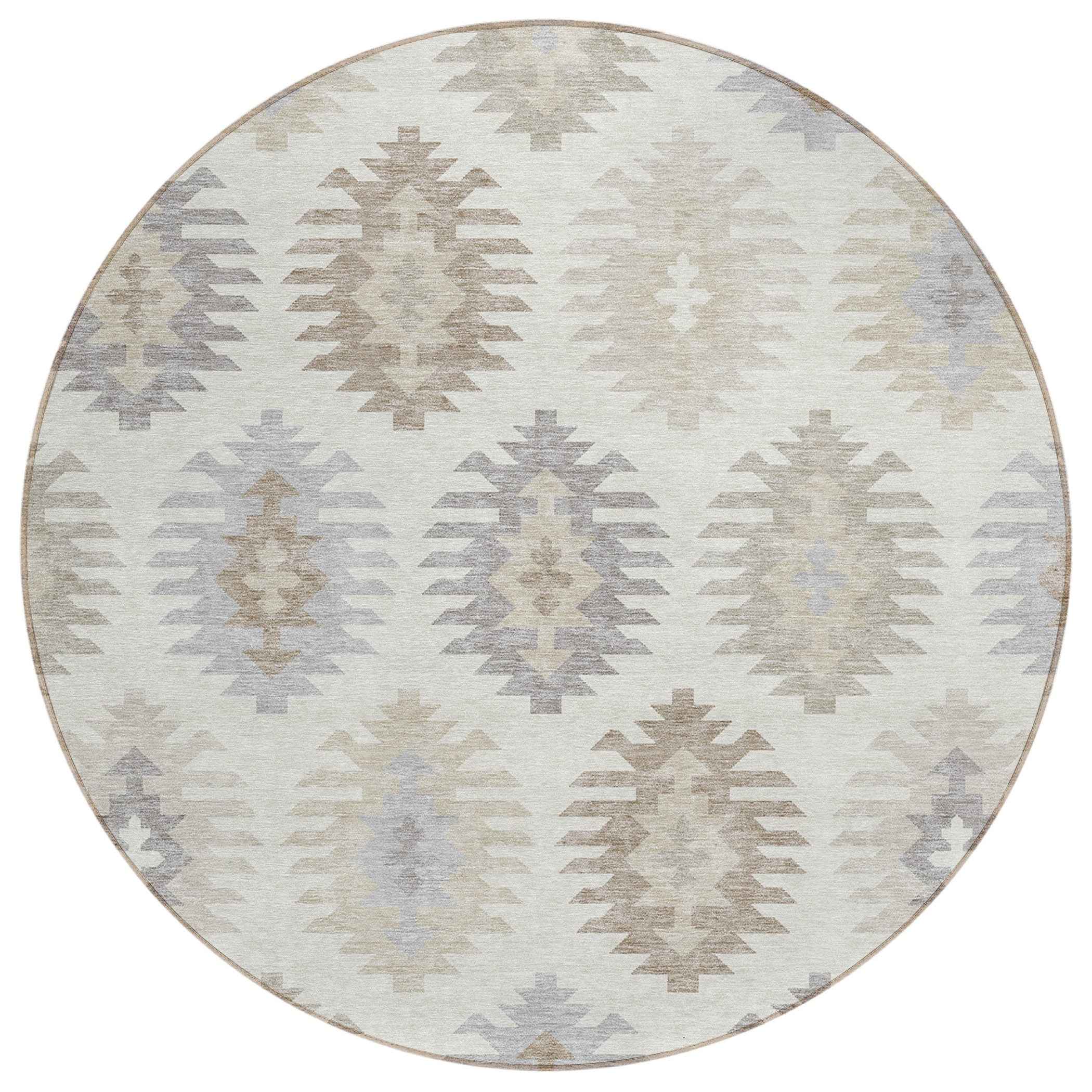 8' Ivory Khaki And Gray Round Southwestern Washable Indoor Outdoor Area Rug