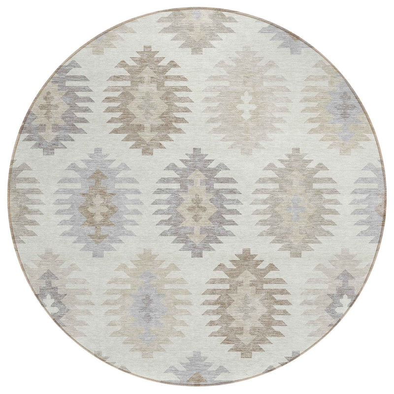 8' Ivory Khaki And Gray Round Southwestern Washable Indoor Outdoor Area Rug