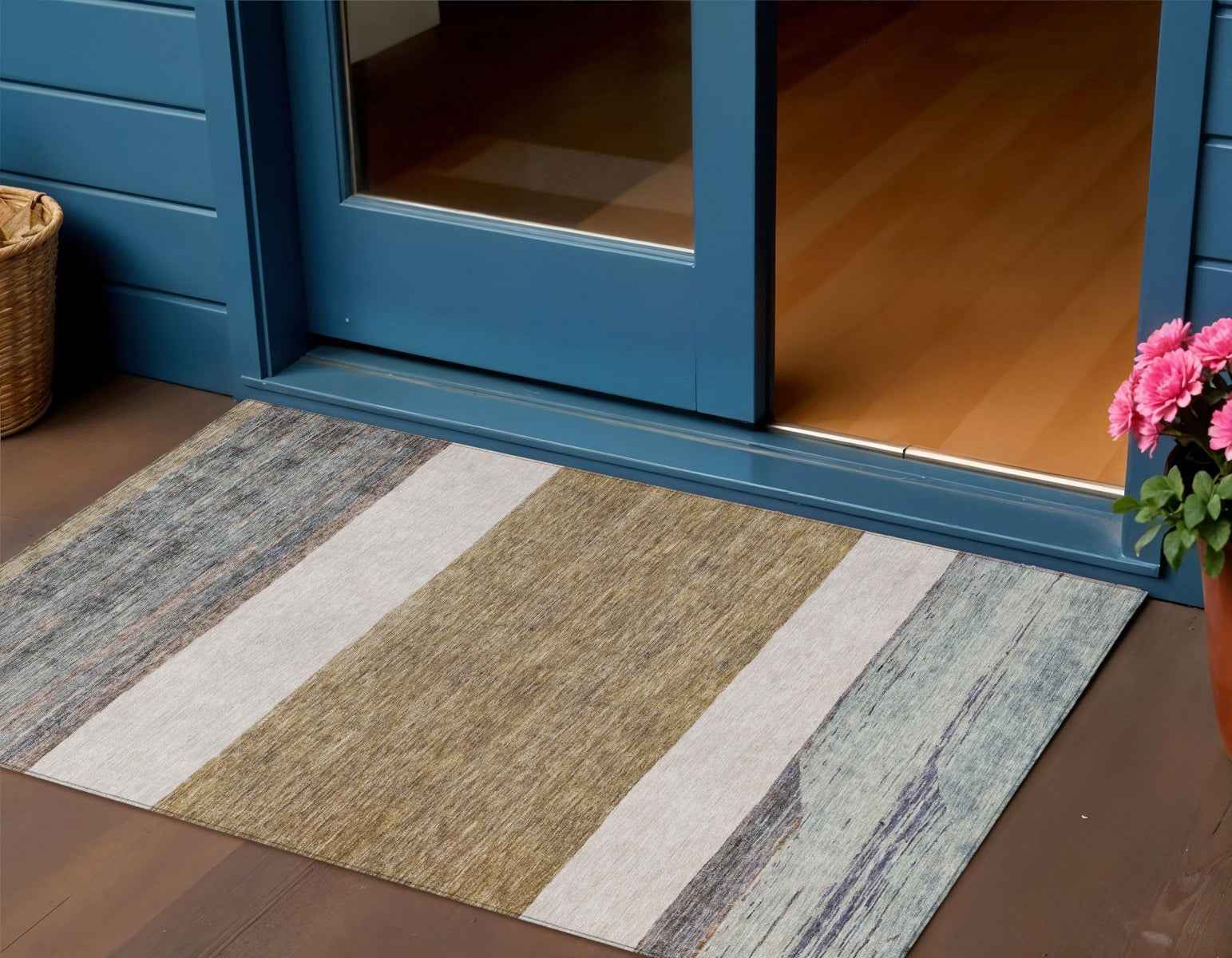 3' X 5' Brown Ivory And Blue Abstract Washable Indoor Outdoor Area Rug