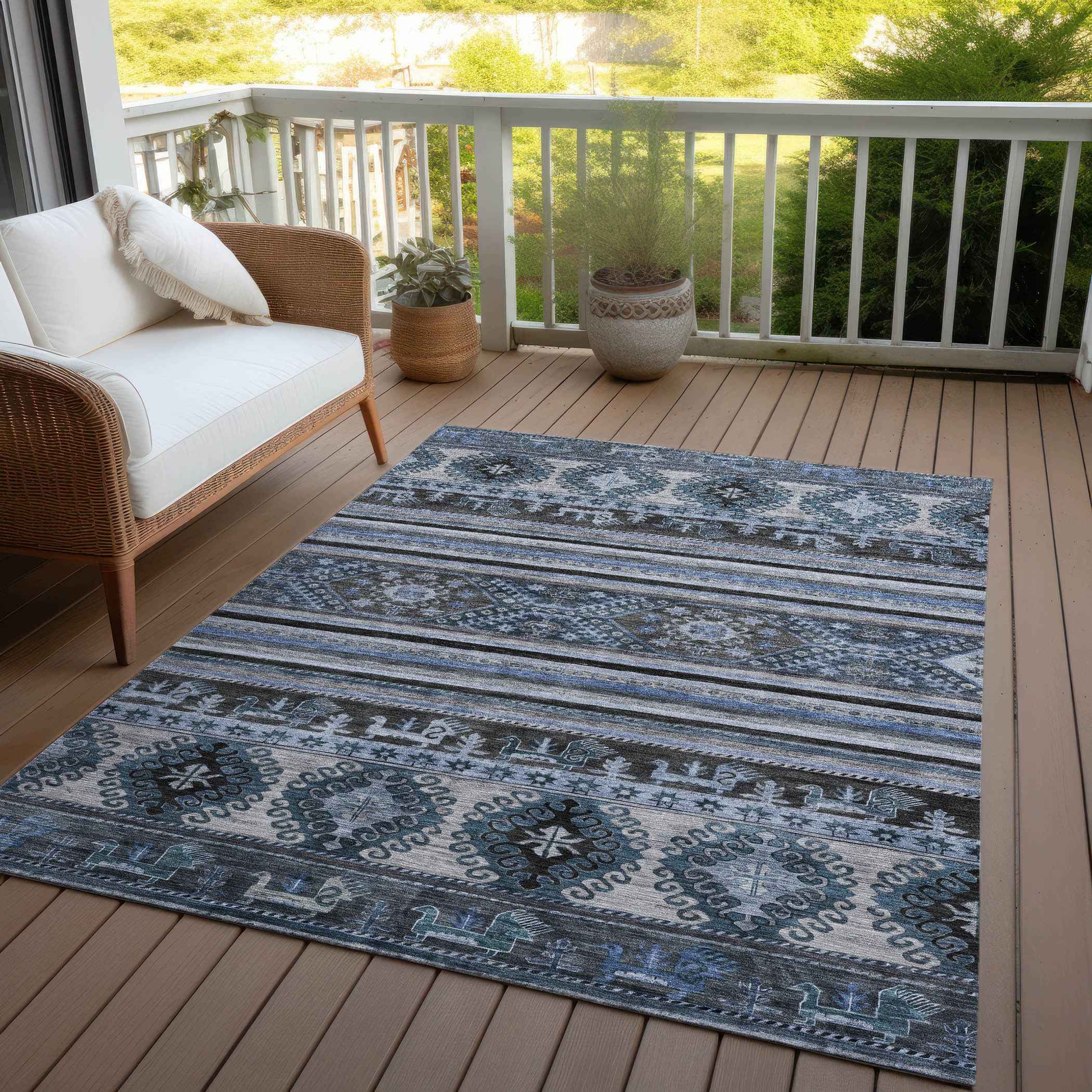 9' X 12' Blue Gray And Charcoal Tribal Washable Indoor Outdoor Area Rug