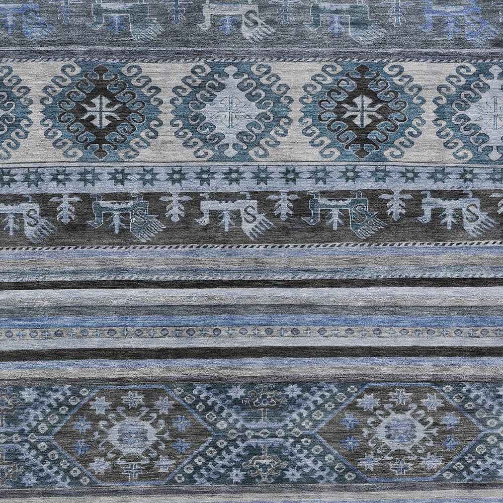 9' X 12' Blue Gray And Charcoal Tribal Washable Indoor Outdoor Area Rug