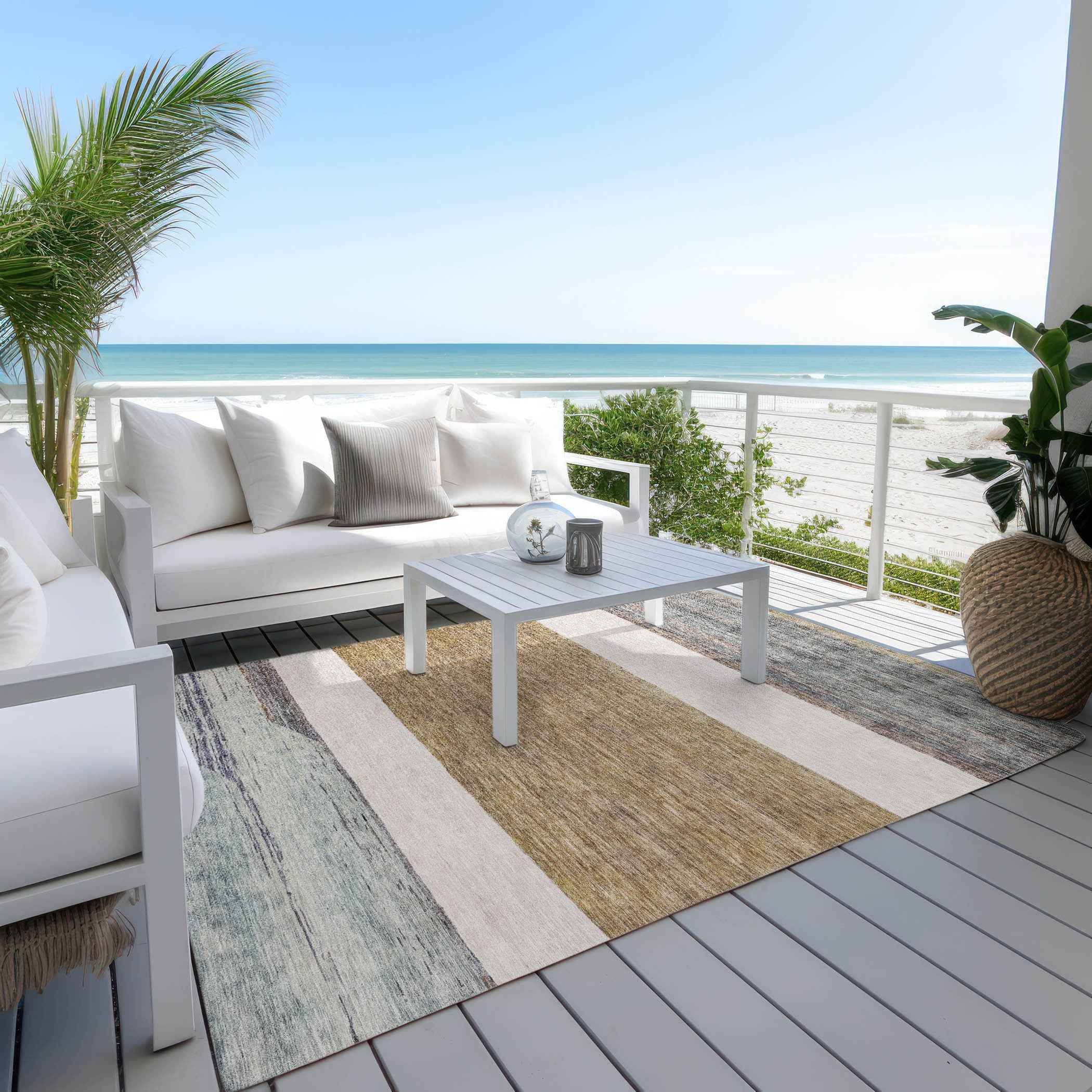 3' X 5' Brown Ivory And Blue Abstract Washable Indoor Outdoor Area Rug