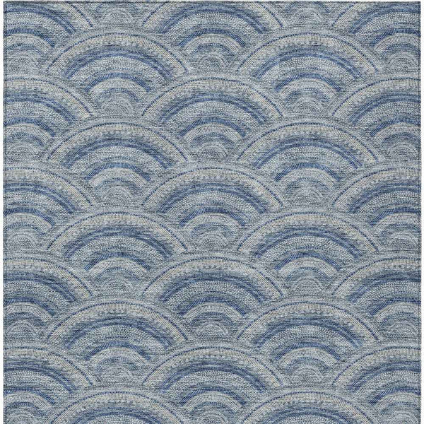 9' X 12' Denim Blue Navy Blue And Ivory Geometric Washable Indoor Outdoor Area Rug