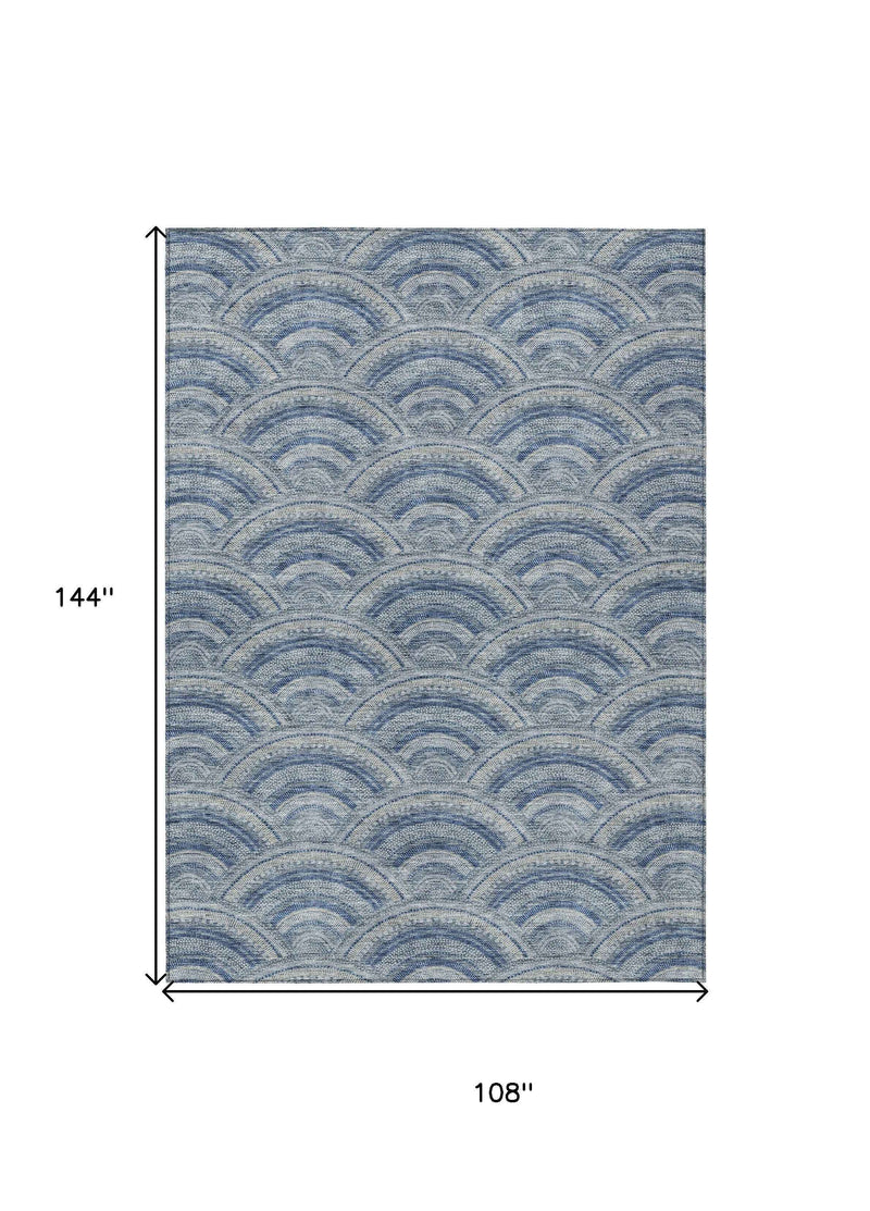 9' X 12' Denim Blue Navy Blue And Ivory Geometric Washable Indoor Outdoor Area Rug