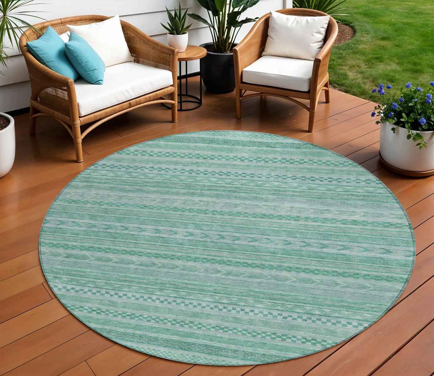 8' Turquoise And Aqua Round Striped Washable Indoor Outdoor Area Rug