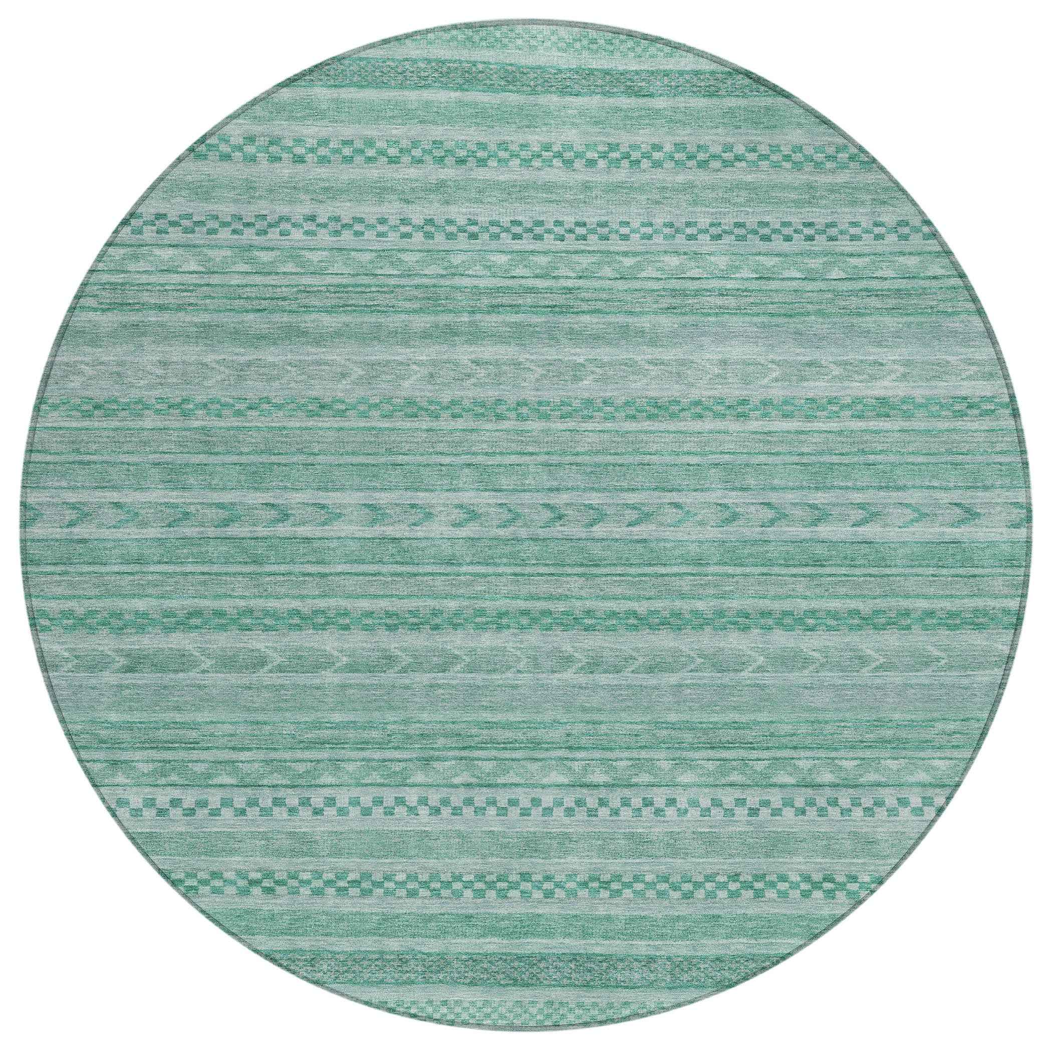 8' Turquoise And Aqua Round Striped Washable Indoor Outdoor Area Rug