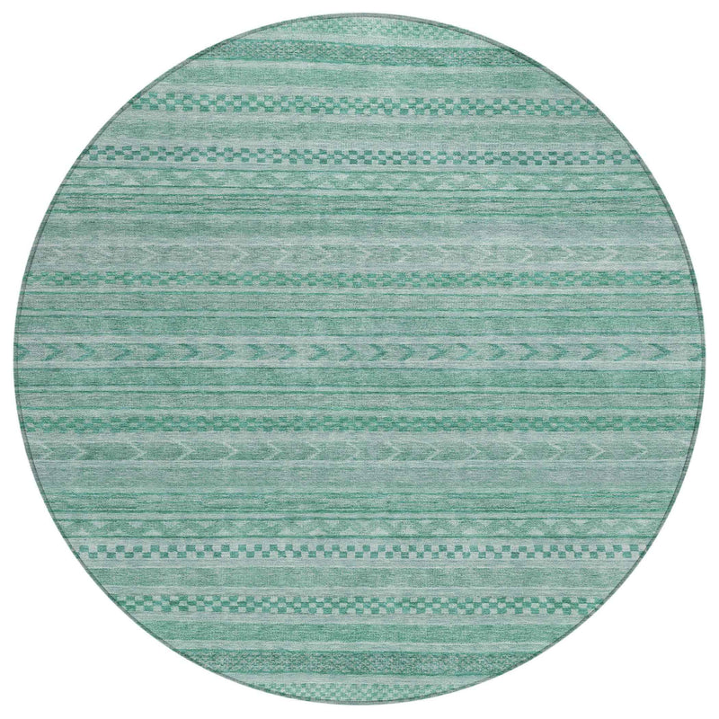 8' Turquoise And Aqua Round Striped Washable Indoor Outdoor Area Rug