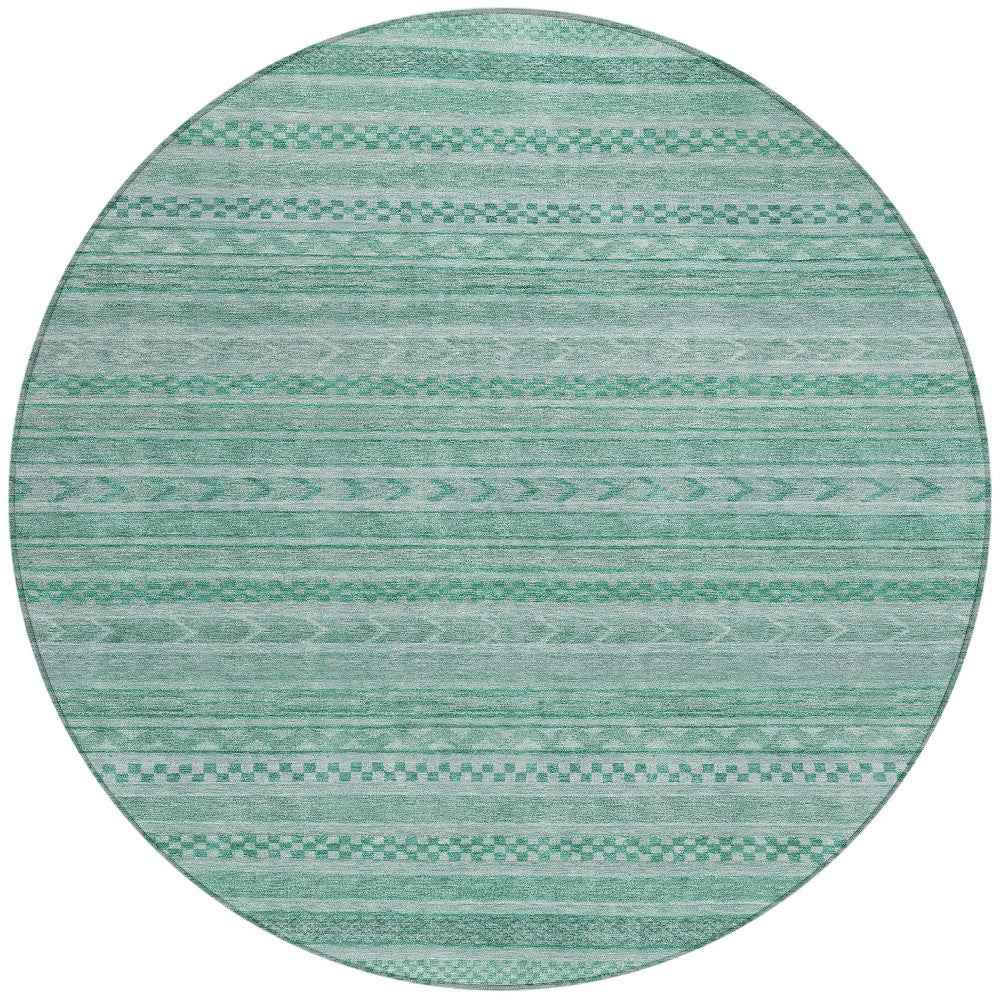 8' Turquoise And Aqua Round Striped Washable Indoor Outdoor Area Rug