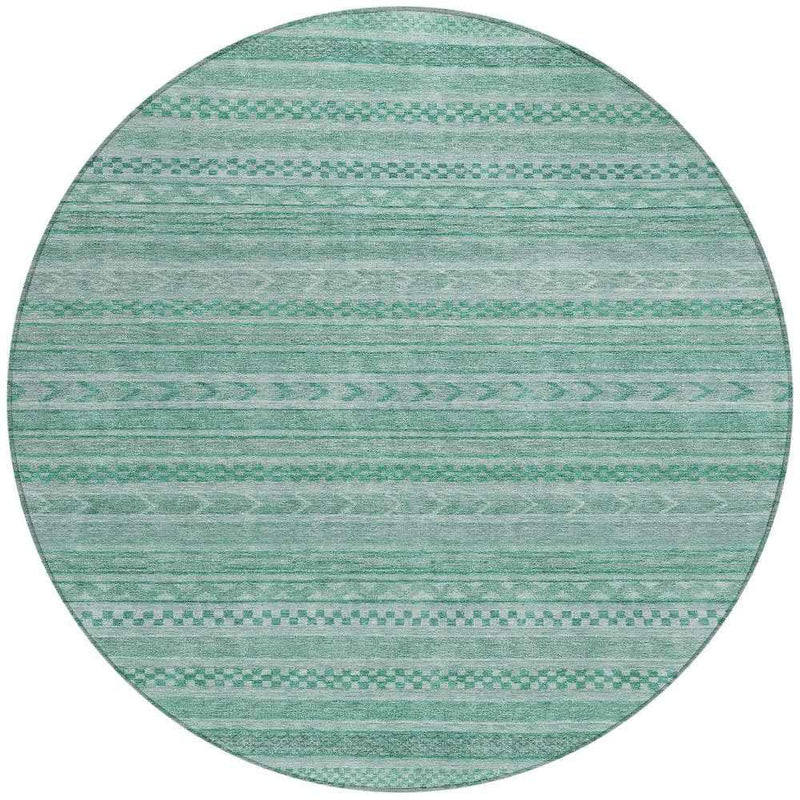 8' Turquoise And Aqua Round Striped Washable Indoor Outdoor Area Rug