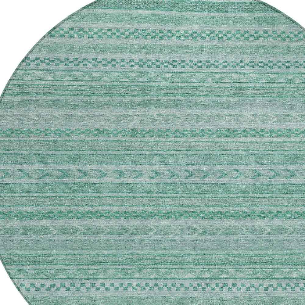 8' Turquoise And Aqua Round Striped Washable Indoor Outdoor Area Rug
