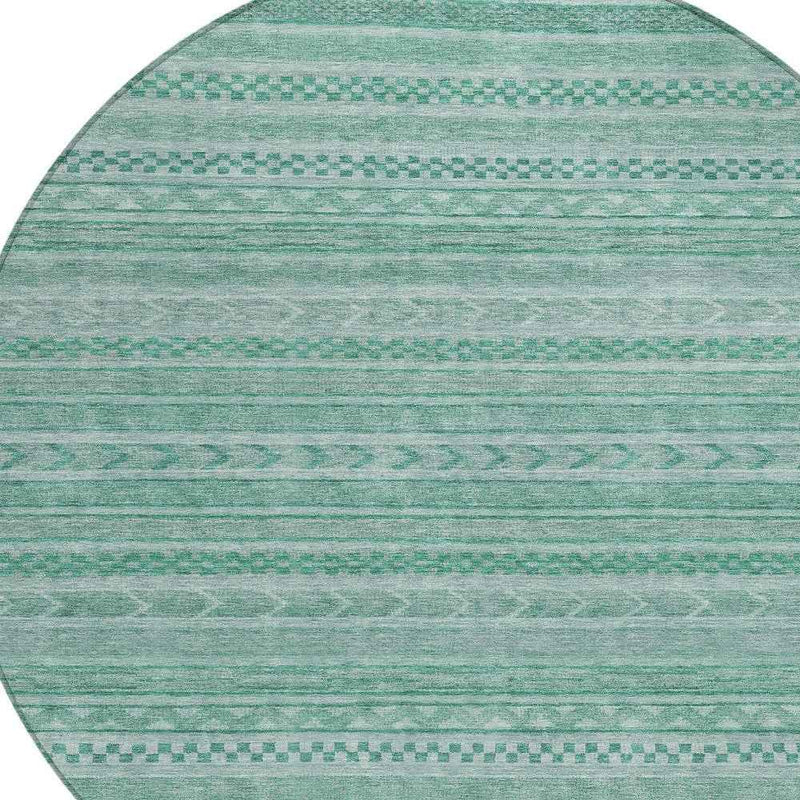 8' Turquoise And Aqua Round Striped Washable Indoor Outdoor Area Rug