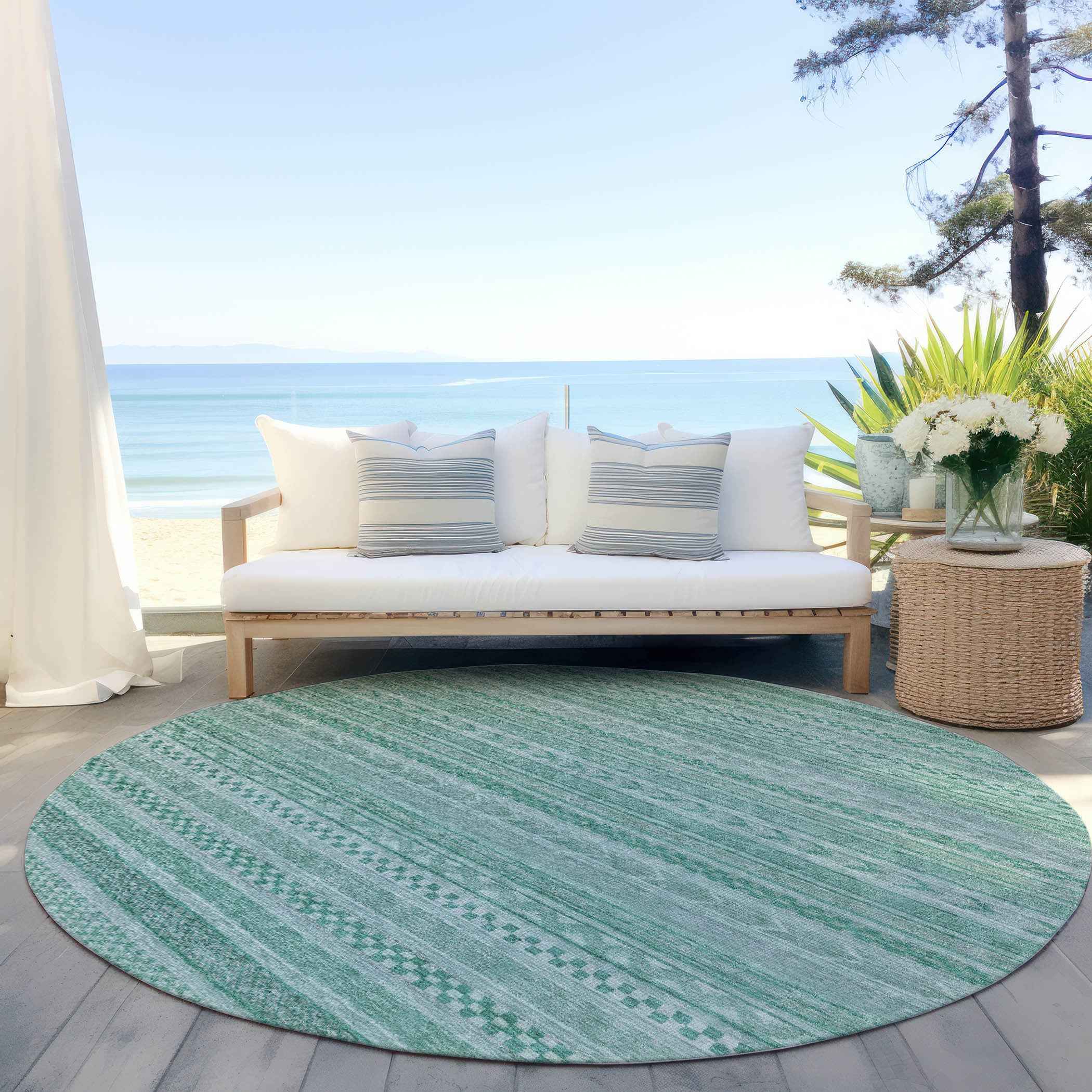 8' Turquoise And Aqua Round Striped Washable Indoor Outdoor Area Rug
