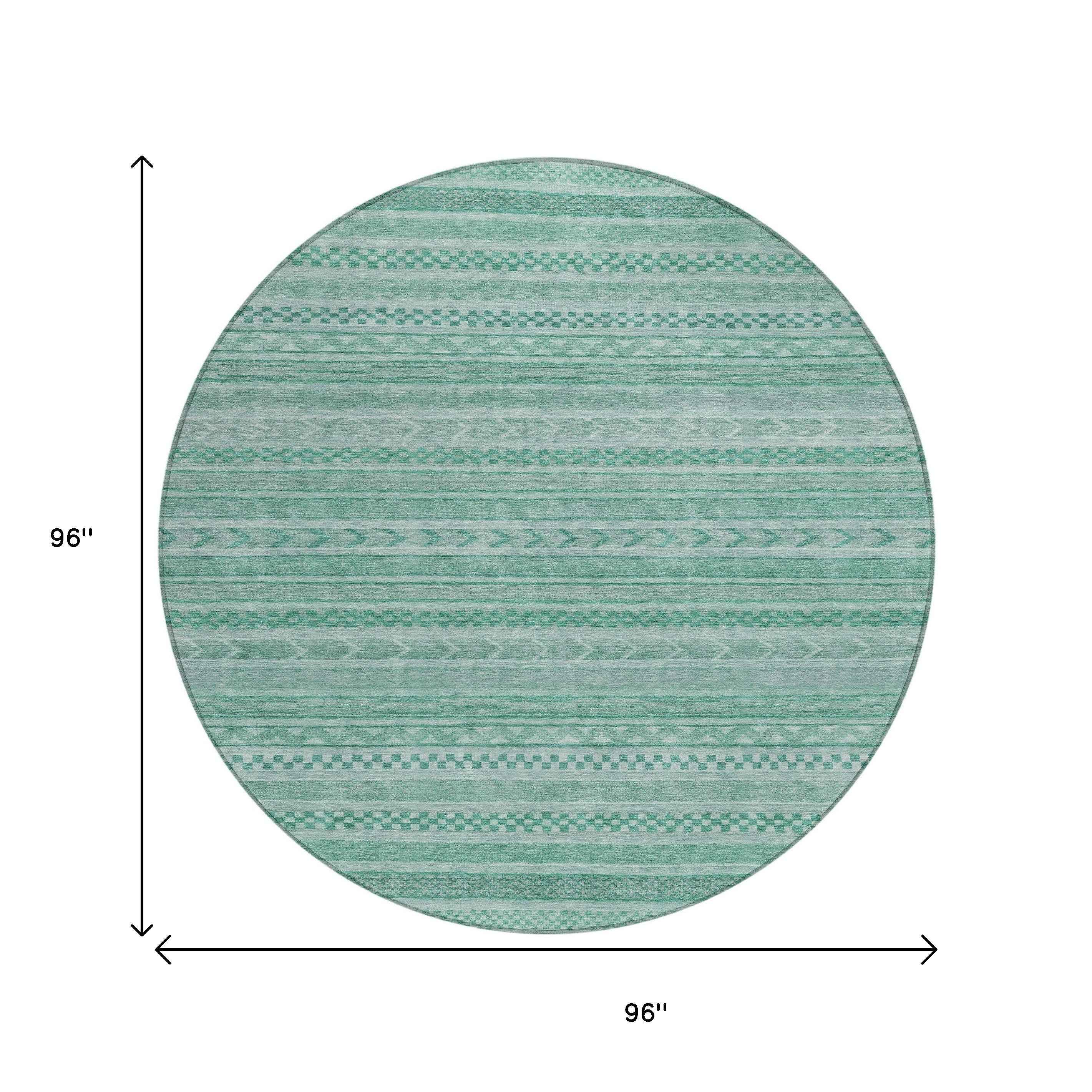 8' Turquoise And Aqua Round Striped Washable Indoor Outdoor Area Rug
