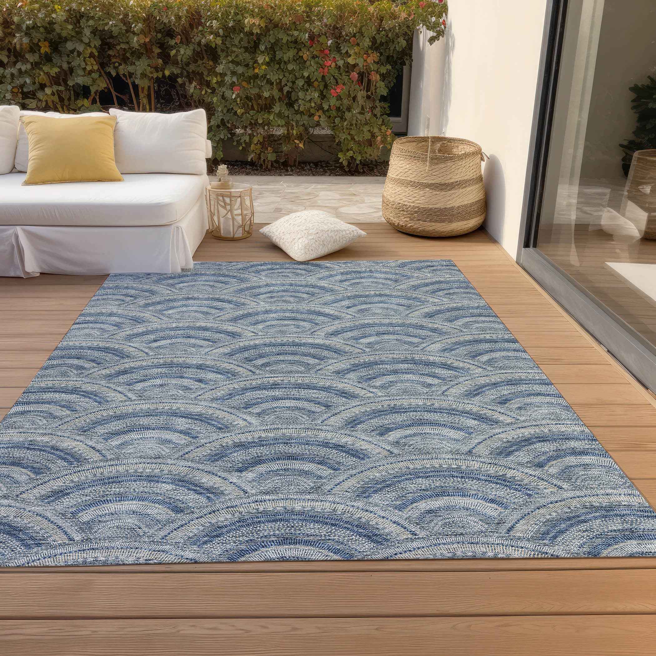 9' X 12' Denim Blue Navy Blue And Ivory Geometric Washable Indoor Outdoor Area Rug