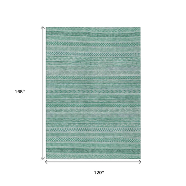 10' X 14' Turquoise And Aqua Striped Washable Indoor Outdoor Area Rug