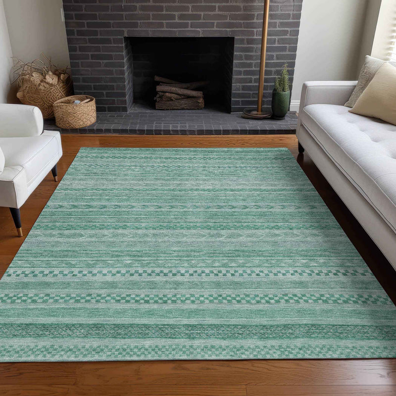 10' X 14' Turquoise And Aqua Striped Washable Indoor Outdoor Area Rug
