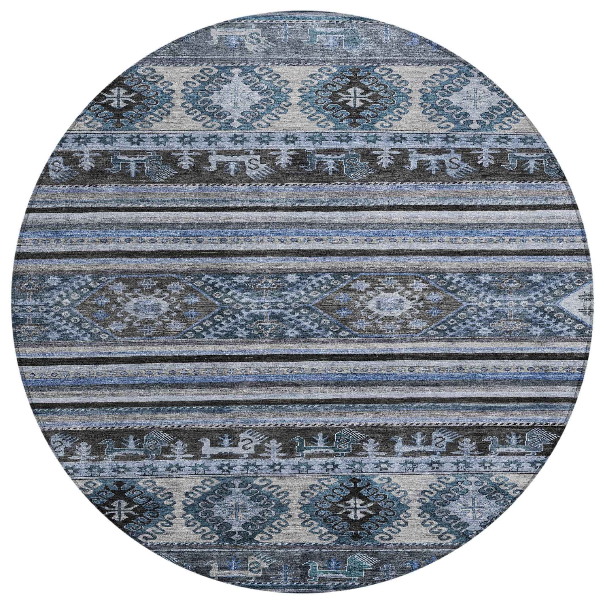 8' Blue Gray And Charcoal Round Tribal Washable Indoor Outdoor Area Rug Default Title